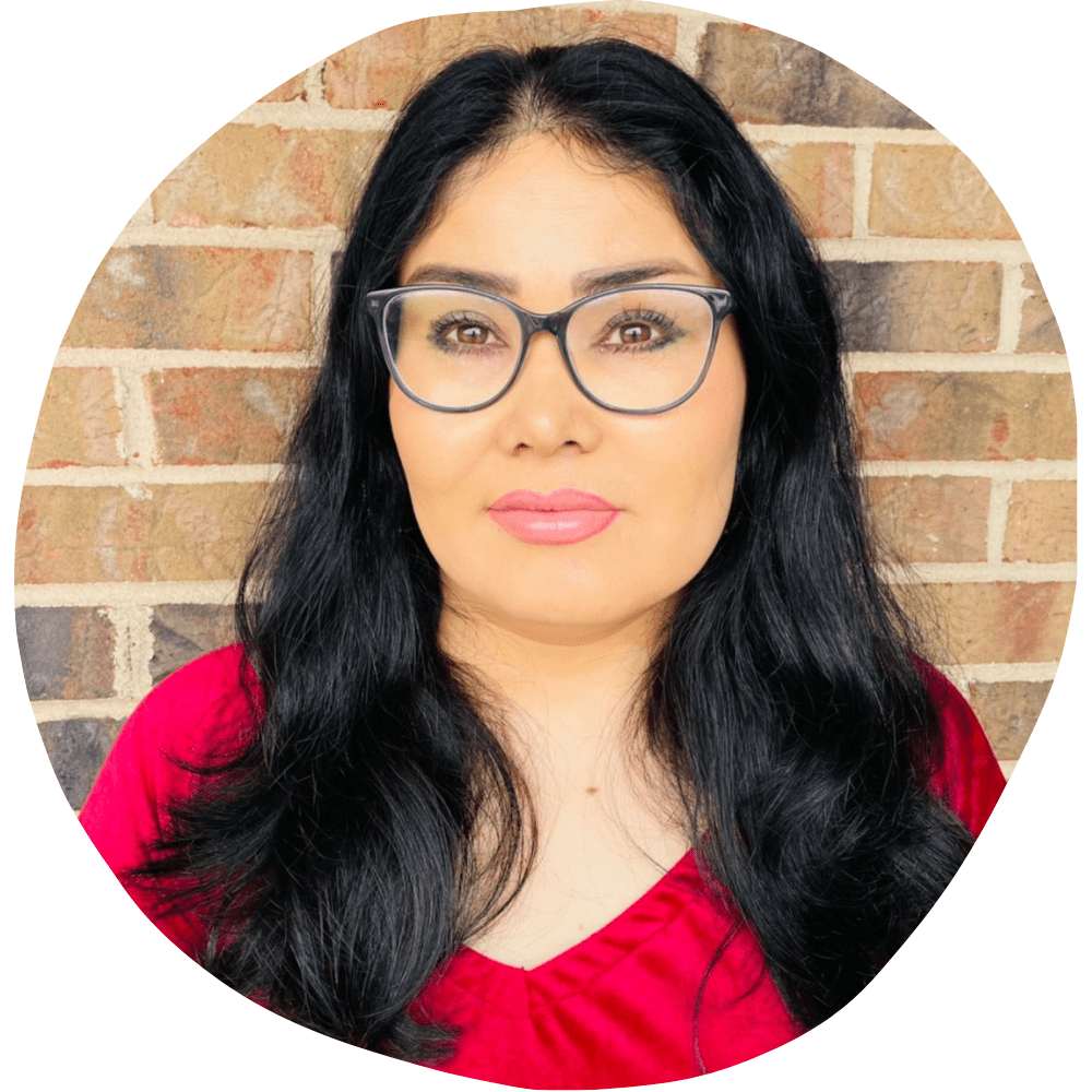 image of woman with red shirt and black glasses