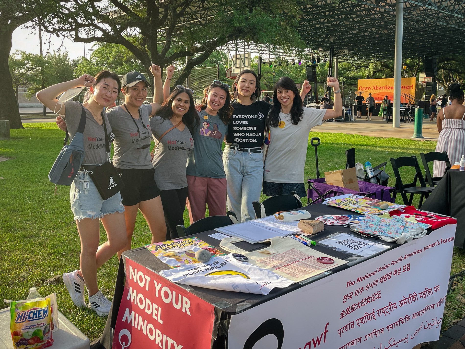 NAPAWF staff and members link arms with fists up in solidarity