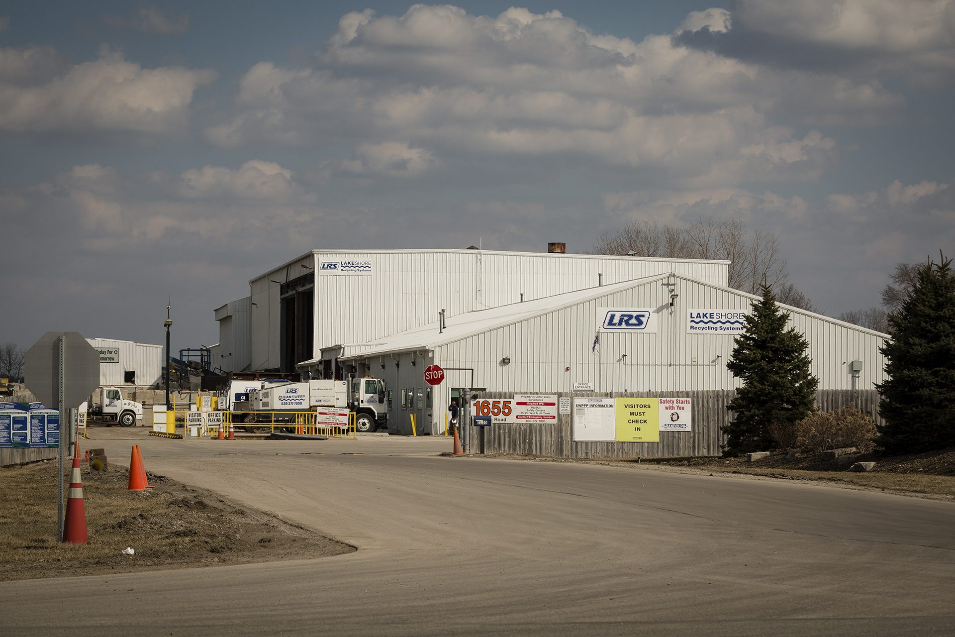 LRS, or Lakeshore Recycling Systems, white building in West Chicago