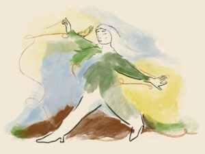 زنی با ژاکت سبز و پروانه در حال رقص است