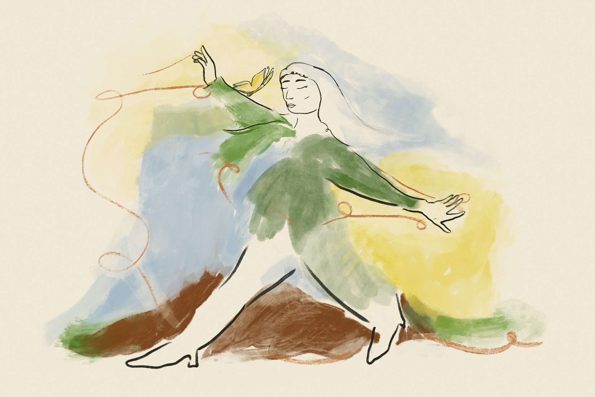 A woman with a green jacket and a butterfly is dancing
