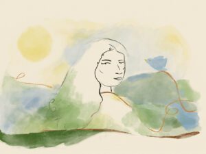 A woman looks back over her shoulder and a blue bird faces her