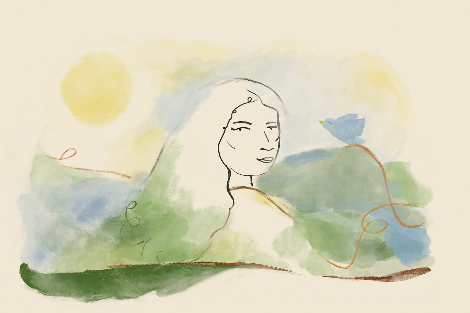 Una mujer mira hacia atrás por encima de su hombro y un pájaro azul se enfrenta a ella
