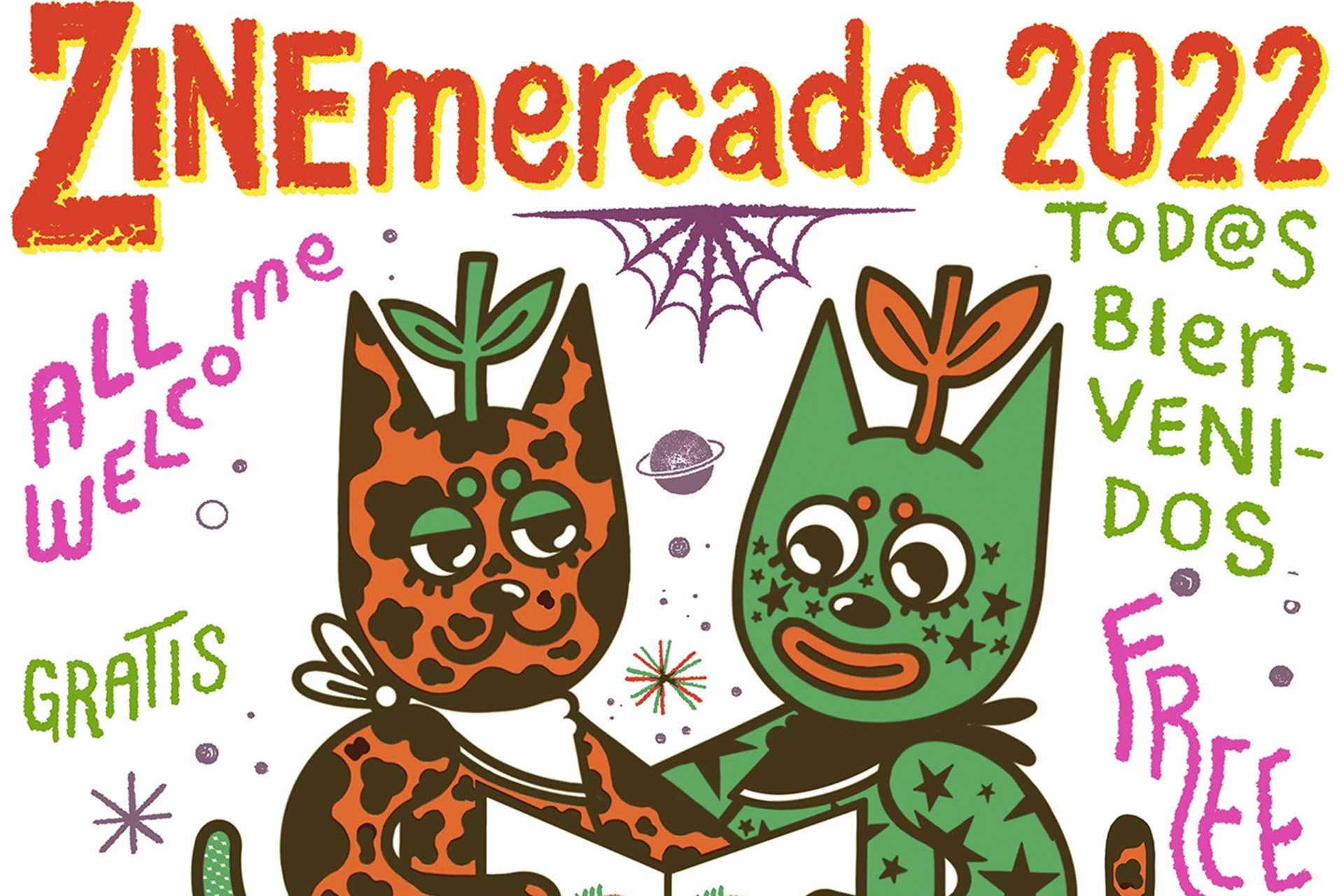 ZINEmercado 2022 "all welcome" "todos bienvenidos" "free" two cats reading a zine