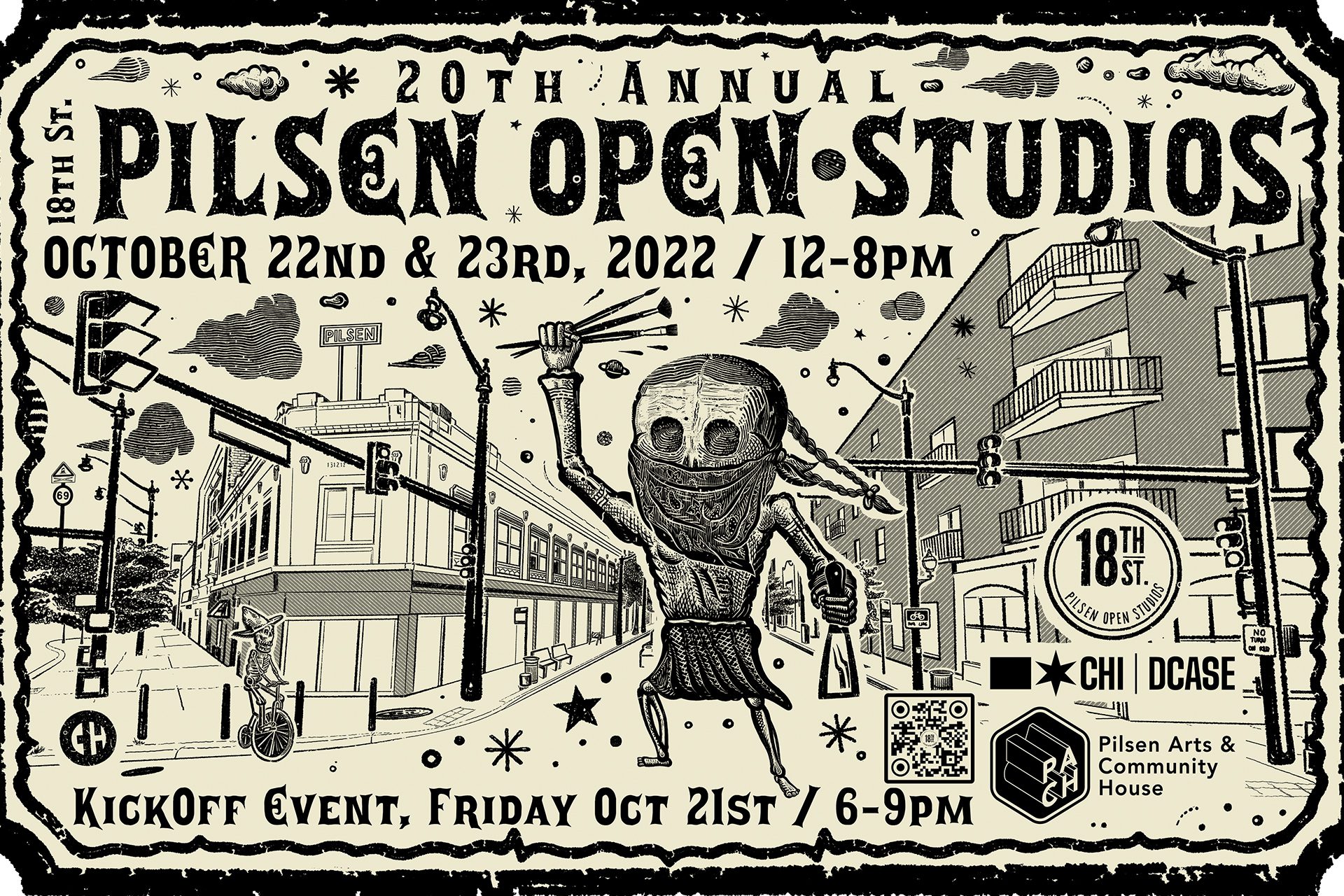 "20th annual Pilsen Open Studios OCt. 22 and 23rd. 2022/12-8pm" an illustration of 18th street and figure with paintbrushes and a bandana.