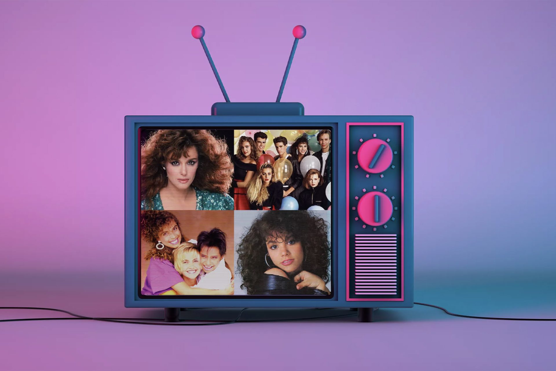 80's artists like: Flans, Timbiriche, Lucia Mendez, Locomia on a blue tv with a pink and blue fluorescent background