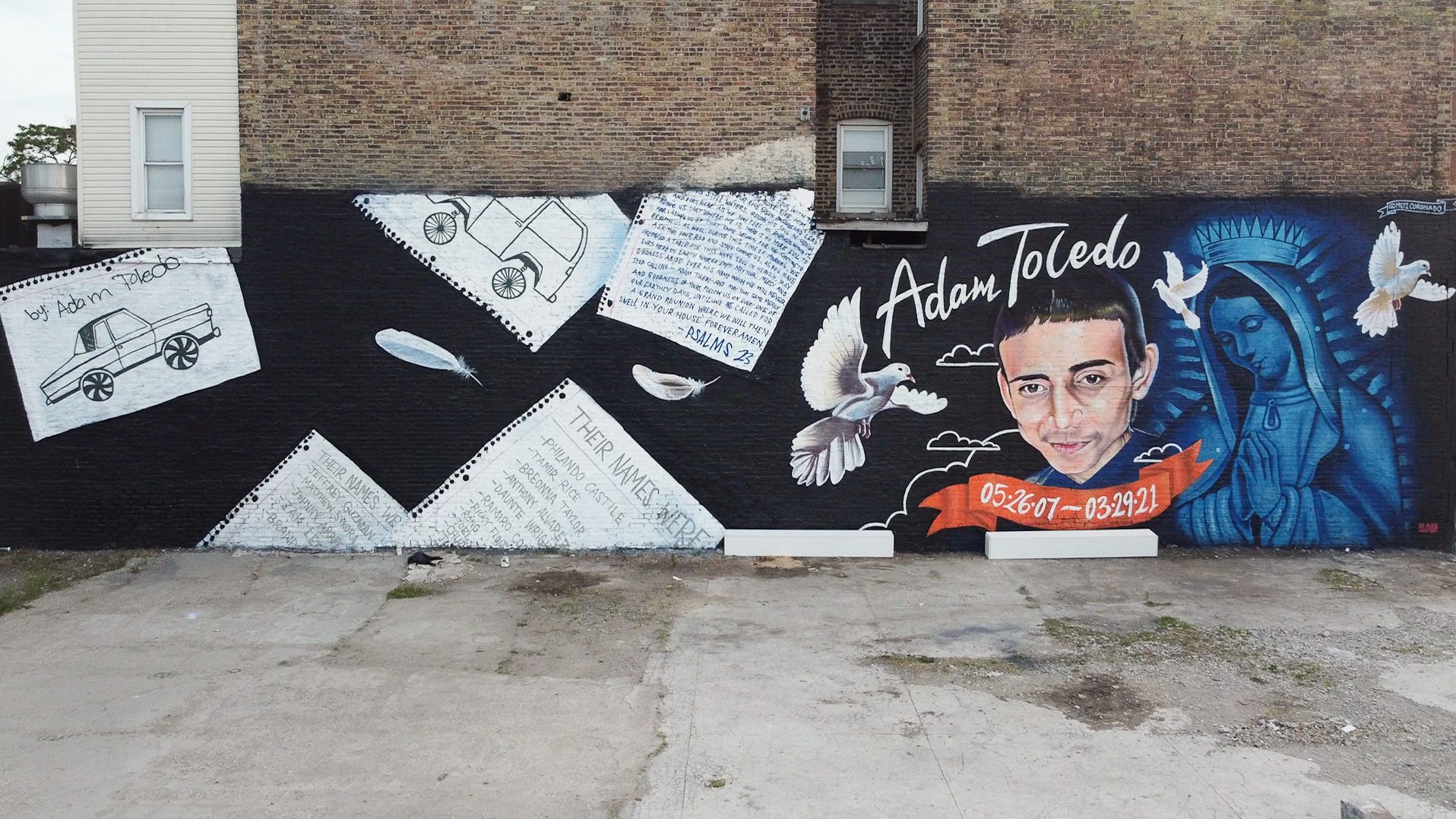 The mural of Adam Toledo shows his face "05.26.07 - 03.29.21" the virgin Mary, birds and ripped out notebook paper with drawings, a psalm and the names of other victims of gun violence